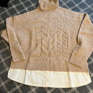 Lands' End Women's Beige Cable Knit Turtleneck Sweater